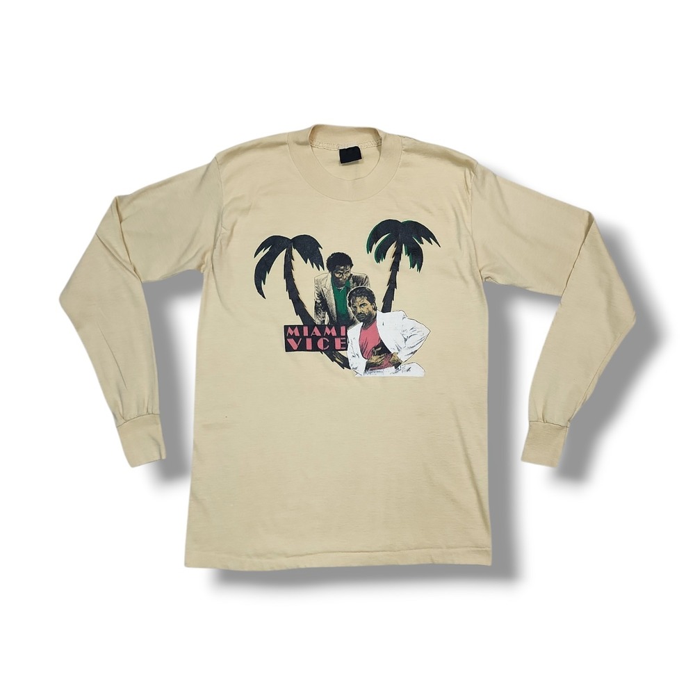 Vintage 80s Miami Vice Single Stitch Long Sleeve‎ Yellow T-Shirt Size L